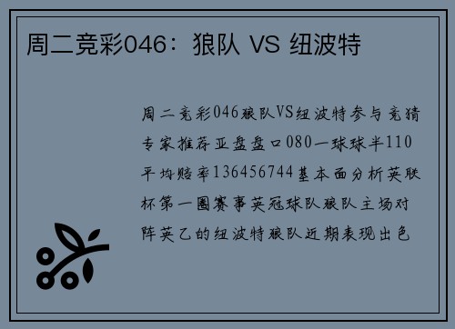 周二竞彩046：狼队 VS 纽波特