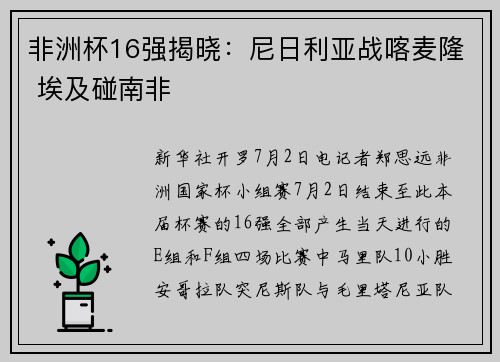 非洲杯16强揭晓：尼日利亚战喀麦隆 埃及碰南非